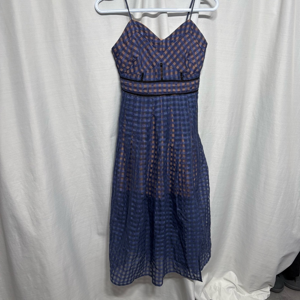 Roselani Navy Blue Tan Gingham Plaid Ladder Lace Cutout Midi Dress Size S Boho - Picture 2 of 12